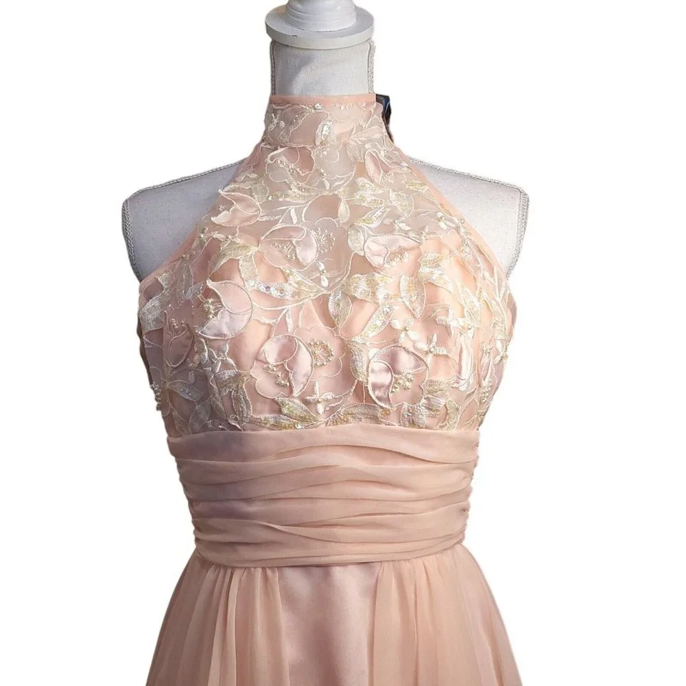 80s Vintage XS Light Pink Chiffon Flowy‎ Pearl Beaded High Low Halter Formal